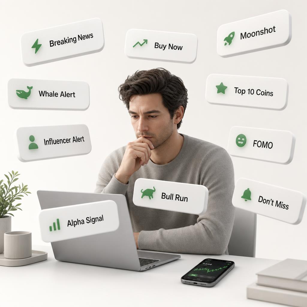 Thoughtful investor surrounded by floating crypto notifications, illustrating information overload